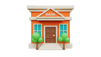 3D Cartoon Bank Building with Trees