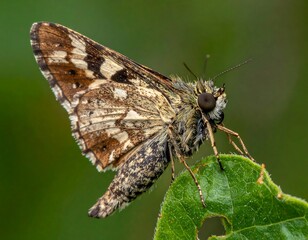 Obraz premium Macro shot of a brown and white butterfly perched on a green leaf
