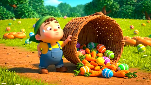 A delightful Easter Day scene featuring a cute cartoon boy witnessing a Basket overflow, spilling colorful Easter eggs and fresh carrots onto the vibrant green grass.