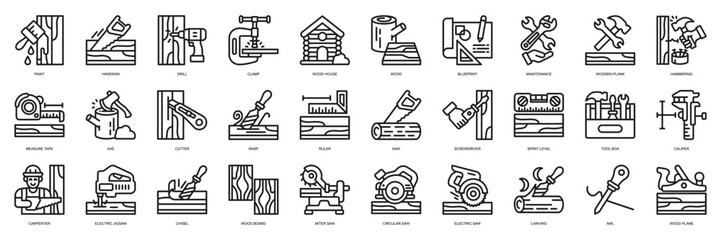 Carpenter Element icon collection line style. Containing Paint, Handsaw, Drill, Clamp, Wood House, Wood, Blueprint, Maintenance, Wooden Plank