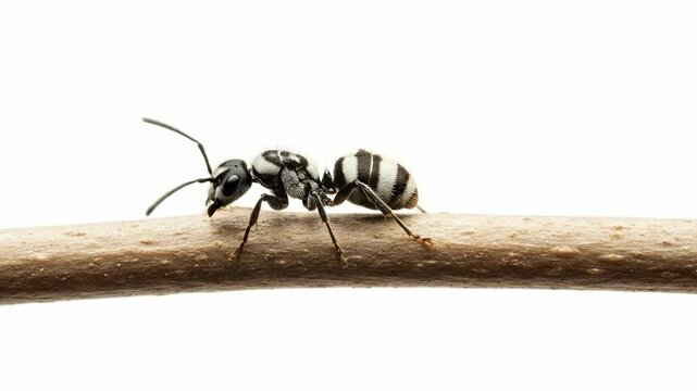 Close-up of a black and white striped ant walking on a thin branch against a white background.