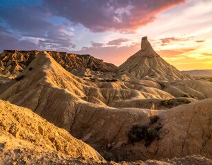Naklejka premium Majestic desert landscape at sunset, featuring rock formations