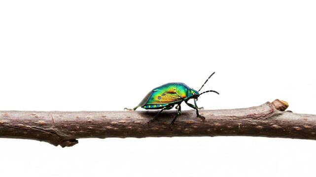 Close-up of a vibrant green jewel beetle crawling on a tree branch against a white background.