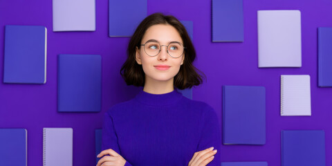 Brunette hair girl young female notebook top violet woman goggles stand confident against creative wall background with many book cover design around her thinking happy mood