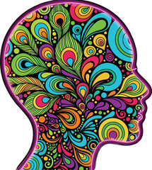 Colorful abstract human head silhouette illustration, psychedelic mind concept art, vibrant decorative pattern, creativity and mental health design isolated white background