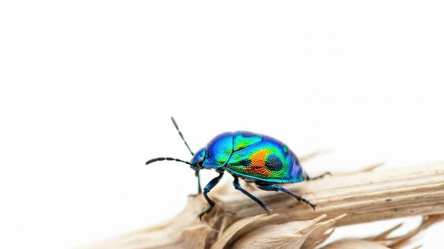 Close-up of a vibrant iridescent beetle on a dry twig against a white background.