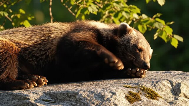 A wolverine resting on a rocky surface in a serene forest environment viewed from a low angle