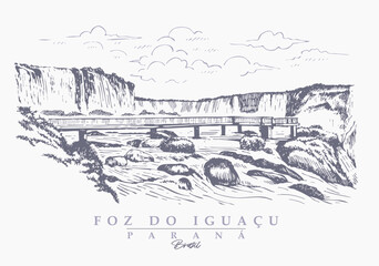Sketch-style pen illustration of a landscape of Foz do Igua&ccedil;u, Paran&aacute;, Brazil.