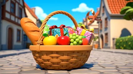 A joyful Easter Day basket overflow with colorful gifts, fresh fruits, and bread, celebrated with sparkling confetti on a charming village street.