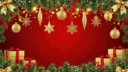 Christmas-themed background with ornaments, presents, and snowflakes on a red background.