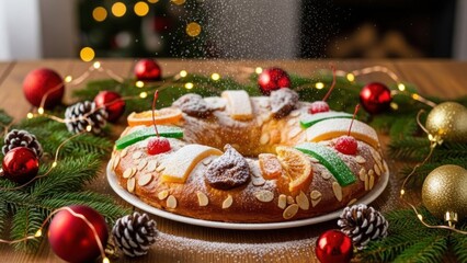 A festive Christmas cake with colorful decorations and a sprinkling of powdered sugar on a wooden table with holiday ornaments and pine branches.