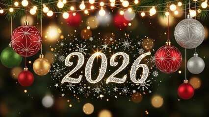 Christmas tree with ornaments and lights, 2026 text, and festive decorations.