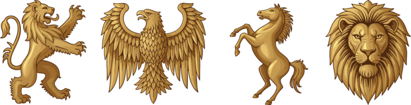 Golden Heraldic Animal Emblems Set with Lion Eagle Horse Classic Coat Symbols Vector