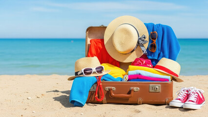 Summer vacation essentials spilling out of suitcase on beach