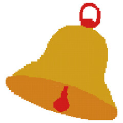 Pixel art Christmas bell in a cute and simple 8-bit style. Golden bell with red accent, designed with a retro pixel look. Perfect for holiday decorations, digital stickers, posters, greeting cards