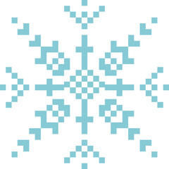 Cute pixel art snowflake pattern on transparent background. Decorative geometric winter design with a retro 8-bit style. Perfect for Christmas and winter backgrounds, digital paper, posters