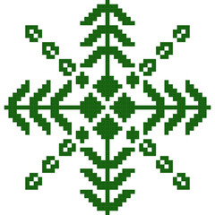 Cute pixel art snowflake pattern on transparent background. Decorative geometric winter design with a retro 8-bit style. Perfect for Christmas and winter backgrounds, digital paper, posters
