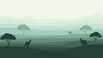 Serene landscape illustration of grazing animals in a misty savannah environment from a distant viewpoint