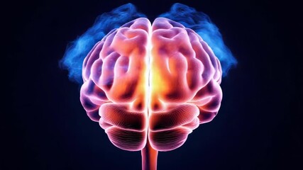 Glowing brain illustration with vibrant colors and blue wisps against a dark blue background - Powered by Adobe