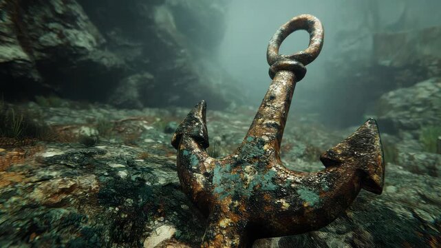 A close-up view of a rusty anchor submerged underwater, surrounded by rocks and a foggy backdrop