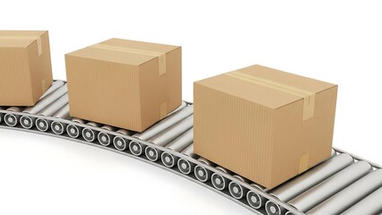 Brown cardboard boxes on a metal conveyor belt
