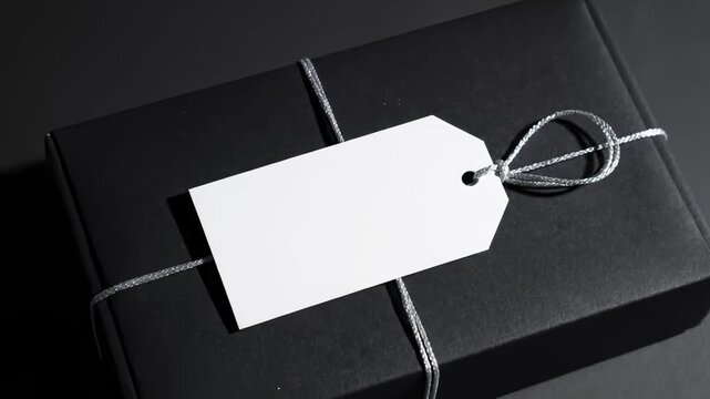 Presenting Black Gift Box Tied With Silver String and Blank White Tag