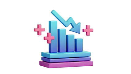 3D Bar Chart with Downward Arrow and Plus Signs