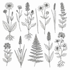 Collection of various hand-drawn wildflowers and plants in black and white.