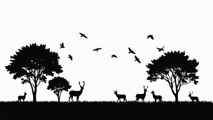 Deer and birds in a serene landscape with trees, viewed from a distance.