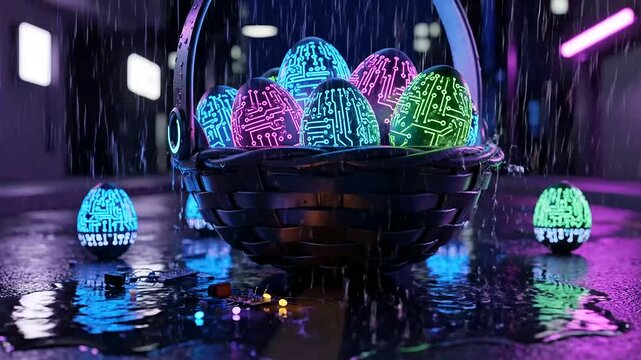 Easter Day, Basket overflow, a vibrant display of glowing circuit board eggs illuminates a rainy cyberpunk cityscape, blending tradition with futuristic tech celebration.