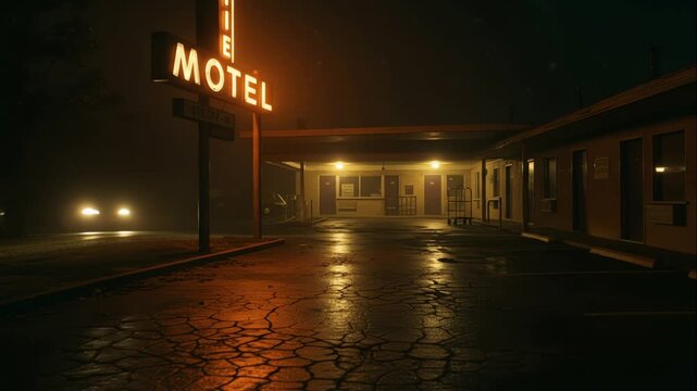An empty roadside motel at night with wet asphalt reflecting the motel neon sign, dim porch lights, and a foggy atmosphere with light rain. A car approaching the motel with its headlights on