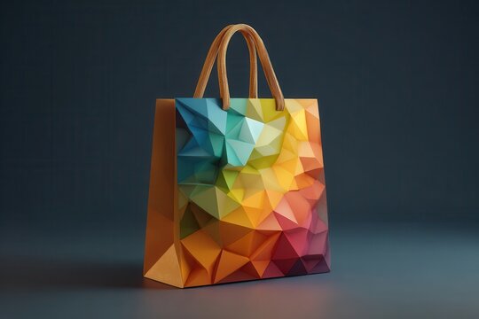 A vibrant shopping bag with a geometric, polygonal pattern and wooden handles is shown. Illustrates retail therapy, colorful branding, or modern packaging concepts.