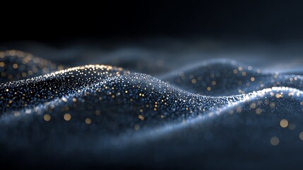 Abstract 3D rendering featuring wavy, blurred structures with particles & a dark background