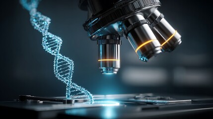 Close-up of a microscope with glowing DNA strand. Dark tones and focused lenses