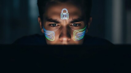 Man with Digital Security Lock and Data Projections on Face.