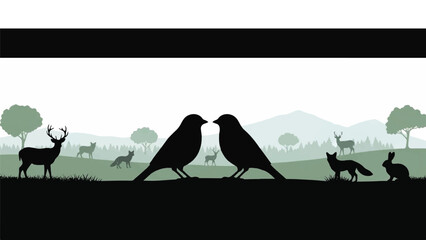 Two birds interacting in a serene landscape with wildlife and trees