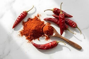 Smoked Paprika Powder and Dried Peppers Flat Lay on Marble with Spoon