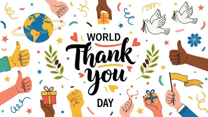 World Thank You Day celebration with diverse hands gifts doves and globe vector illustration for greeting cards and social media