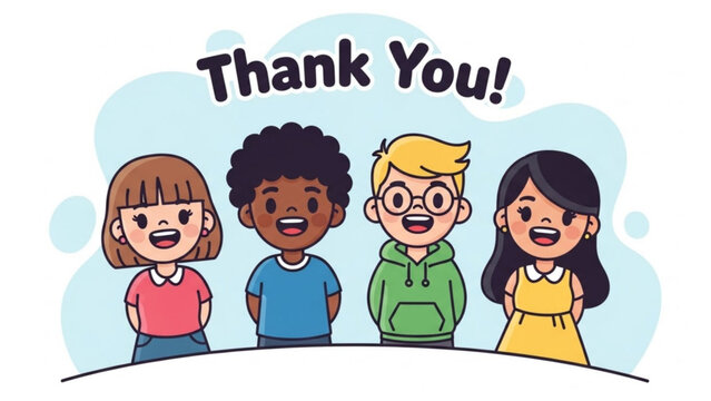 Diverse group of happy cartoon children saying thank you cheerful illustration for appreciation and gratitude isolated on light blue background