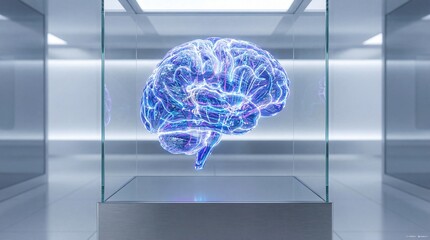 
A futuristic illustration of a glowing human brain with a blue and purple digital neural network is displayed floating inside a transparent glass box in a modern, high-tech room. Concepts of artifici