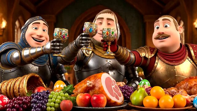 Three animated knights in shining armor celebrate Easter Day with a magnificent feast, their abundant table truly a basket overflow of delicious food, making a joyful toast.
