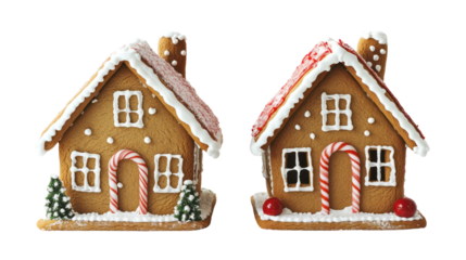 Two Gingerbread Houses with Alpine Tree Side by Side on White Background