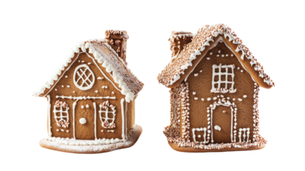 Two Gingerbread Houses with Alpine Tree Side by Side on White Background
