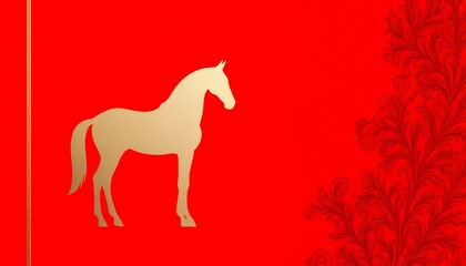 Obraz premium Elegant White Horse Silhouette on Red Background with Ornate Design