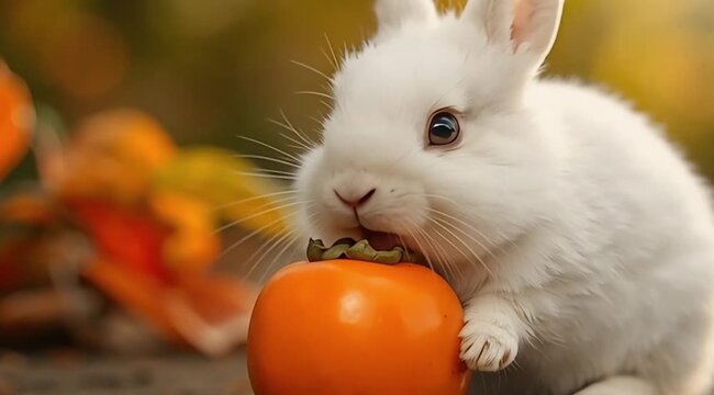 Image is a high-resolution photograph featuring a small, fluffy white rabbit with soft fur and large, expressive eyes. The rabbit is positioned in the foreground, nibbling on a bright orange persimmon