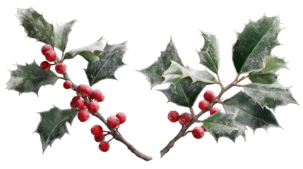 Two Holly Branches Side by Side with Frost-Kissed Leaves and Berries on transparent background