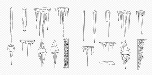 Set of hand-drawn icicles, frozen water, and ice elements in sketch style on transparent background. © Lunara Arts