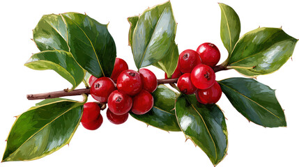 Realistic Holly Berry Cluster on Branch with Vivid Red Berries on transparent background