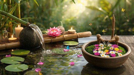 A serene Zen spa scene featuring a delicate bamboo water fountain gently pouring crystal clear water into a tranquil pond, surrounded by vibrant blooming pink lotus flowers and lush green lily pads, w