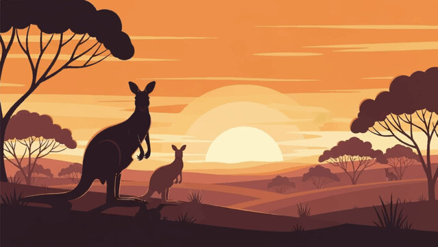 Kangaroo and joey silhouetted against vibrant orange sunset in Australian outback landscape viewed from a hilltop